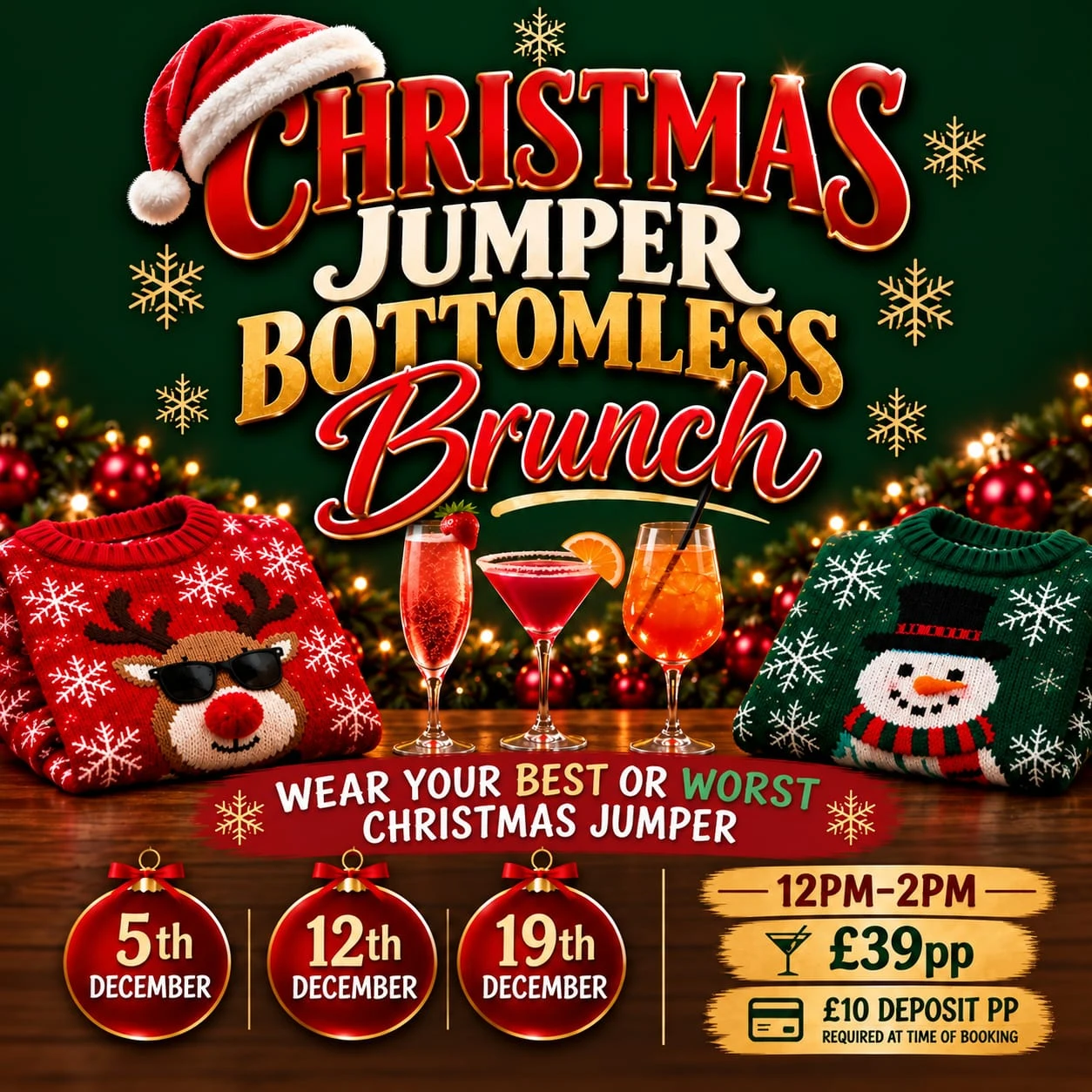Christmas Jumper Bottomless Brunch at Three Kings: 5, 12 and 19 December, 12pm to 2pm, 39 pounds per person, 10 pound deposit per person when booking