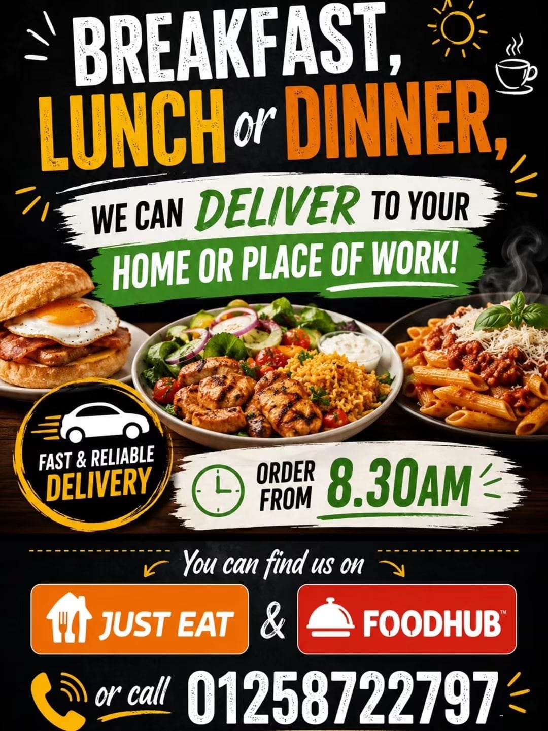 Three Kings can deliver breakfast, lunch or dinner to your home or place of work from 8.30am. Order on Just Eat or Foodhub, or call 01258 722797.