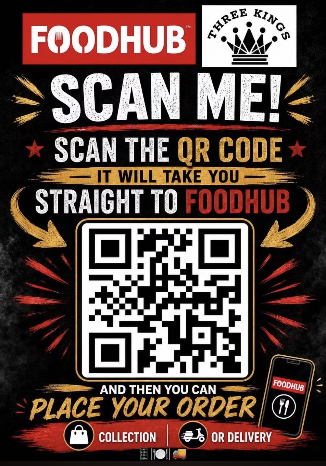 Scan the QR code to order collection or delivery from Three Kings on Foodhub.