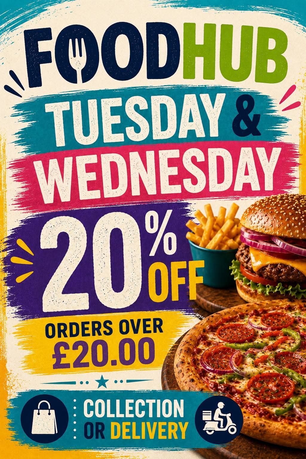 Foodhub Tuesday and Wednesday offer. 20 percent off orders over £20, for collection or delivery.