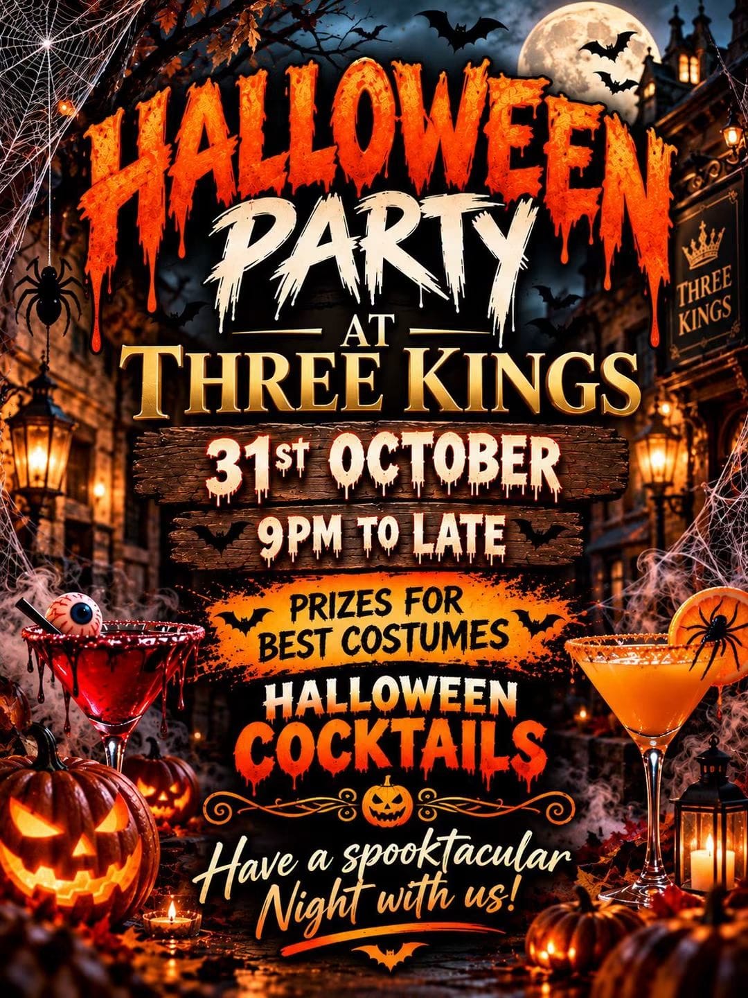 Halloween party at Three Kings on 31 October, 9pm to late. Prizes for the best costumes and Halloween cocktails.