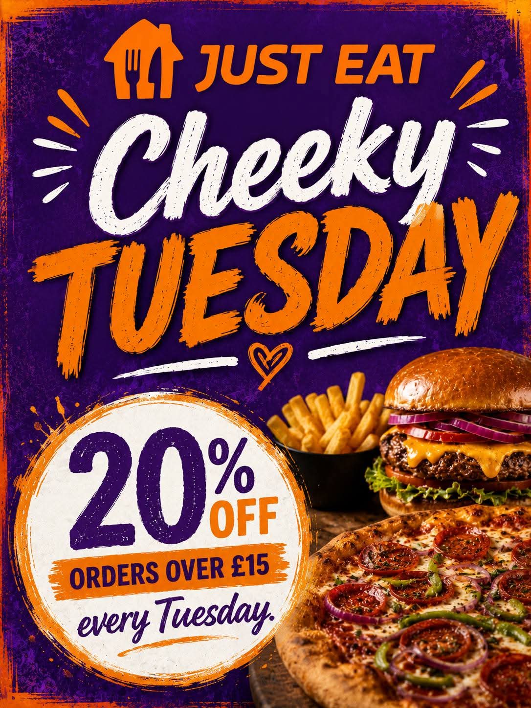 Just Eat Cheeky Tuesday at Three Kings. 20 percent off orders over £15 every Tuesday.