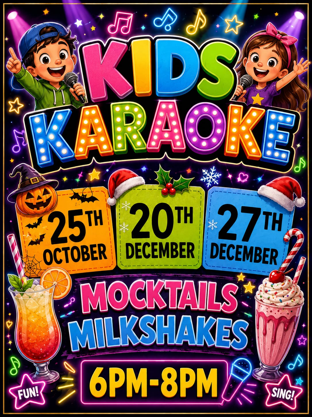 Kids karaoke at Three Kings, 6pm to 8pm, on 25 October, 20 December and 27 December. Mocktails and milkshakes.