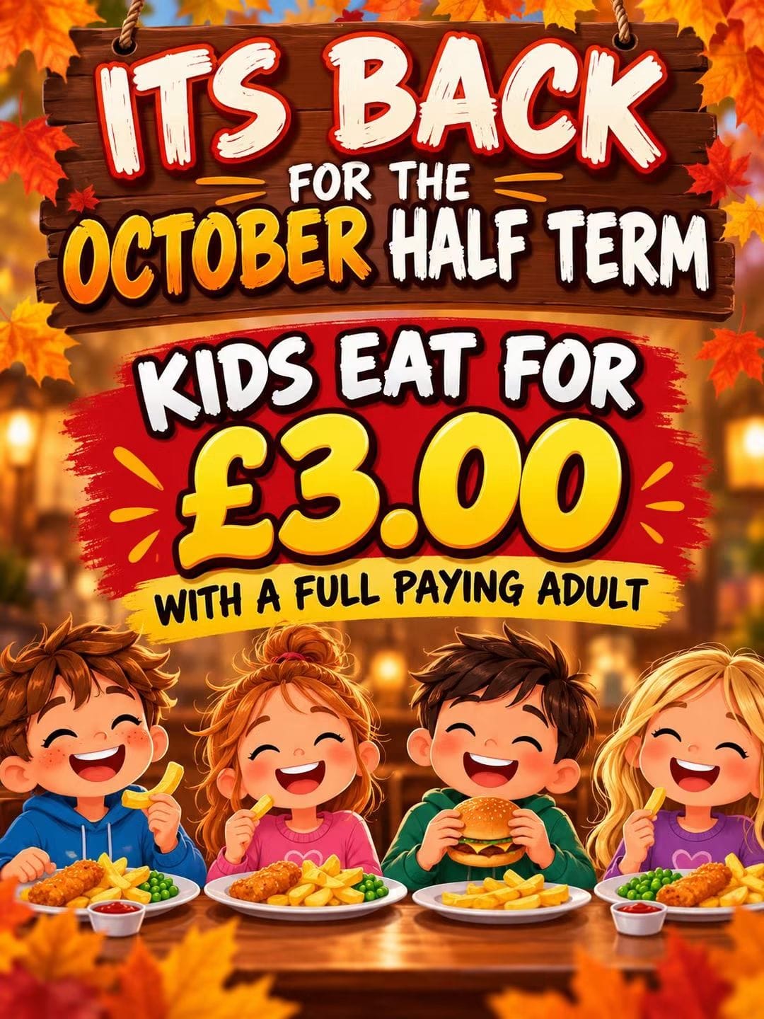 October half term at Three Kings. Kids eat for £3 with a full paying adult.