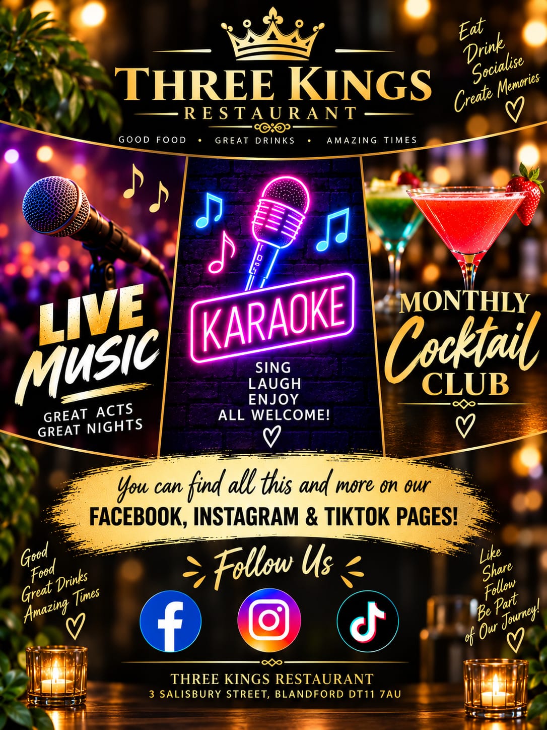 Three Kings Restaurant: live music, karaoke and a monthly cocktail club. Follow on Facebook, Instagram and TikTok. 3 Salisbury Street, Blandford DT11 7AU.